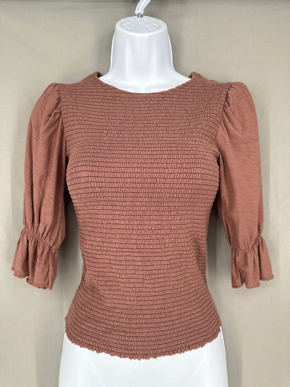 Nation LTD Top Womens XS Brown Bardot Puff Sleeve Smocked Pima Cotton